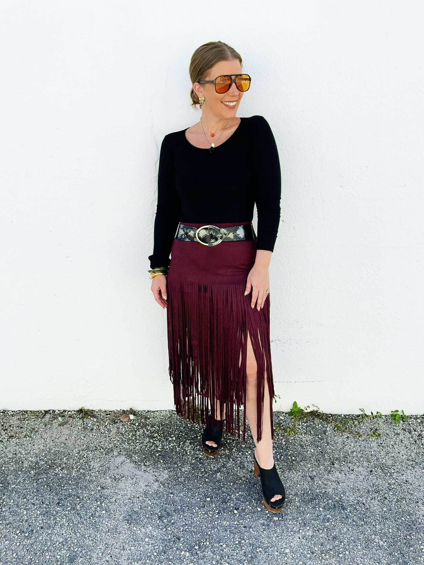 Katrina Fringe Skirt in Merlot
