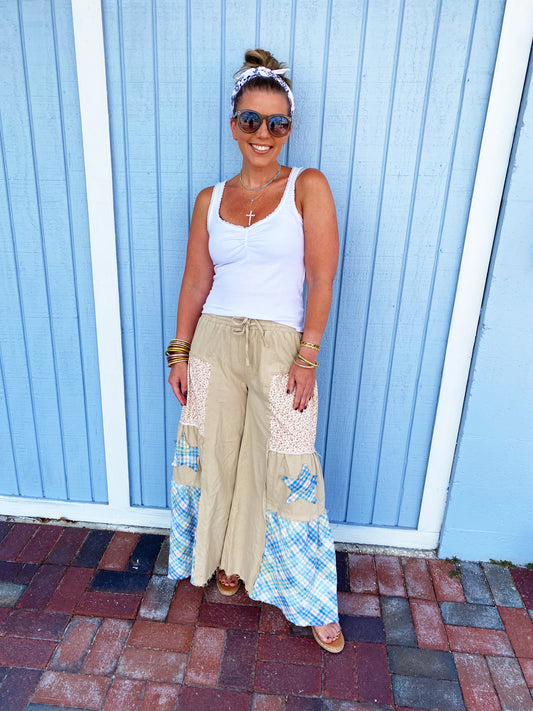 Drawstring Star Patch Contrast Wide Leg Pants