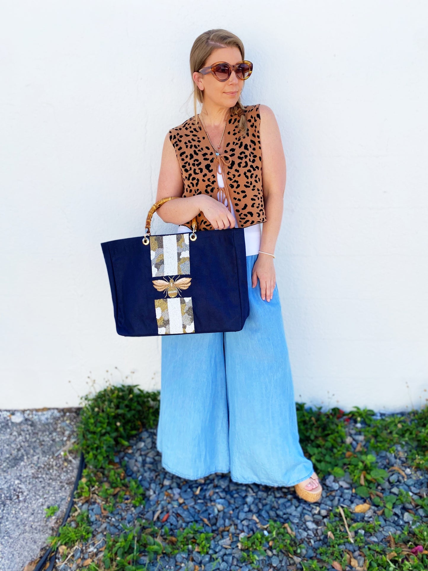 Navy Bamboo Beaded Tote Bag Custom Beaded