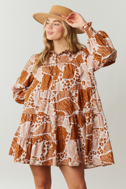 Camo Print Shirt Dress With Tiered Bottom