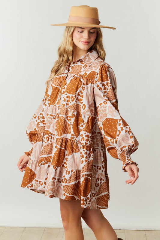 Camo Print Shirt Dress With Tiered Bottom