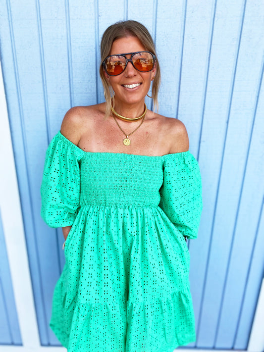 Green Eyelet Puff Sleeve Short Smocked Dress
