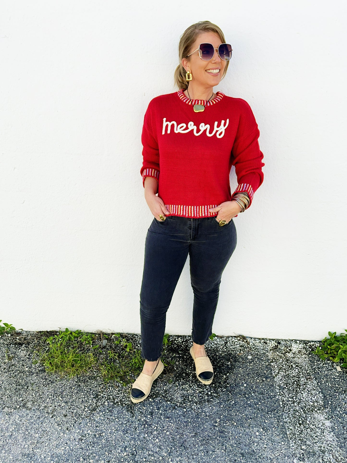 Merry Lettering Embroidered Christmas Sweater