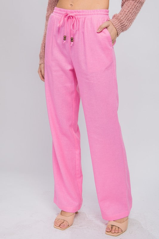 Linen Drawstring Waist Long Pants with Pockets * Online only-ships from warehouse