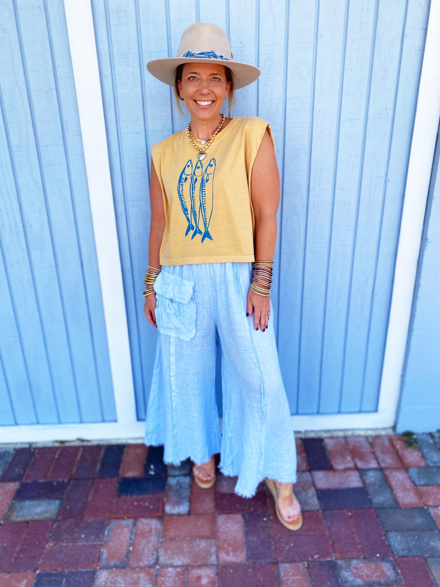 Three Little Fish Vintage Cropped Muscle Tank- mustard