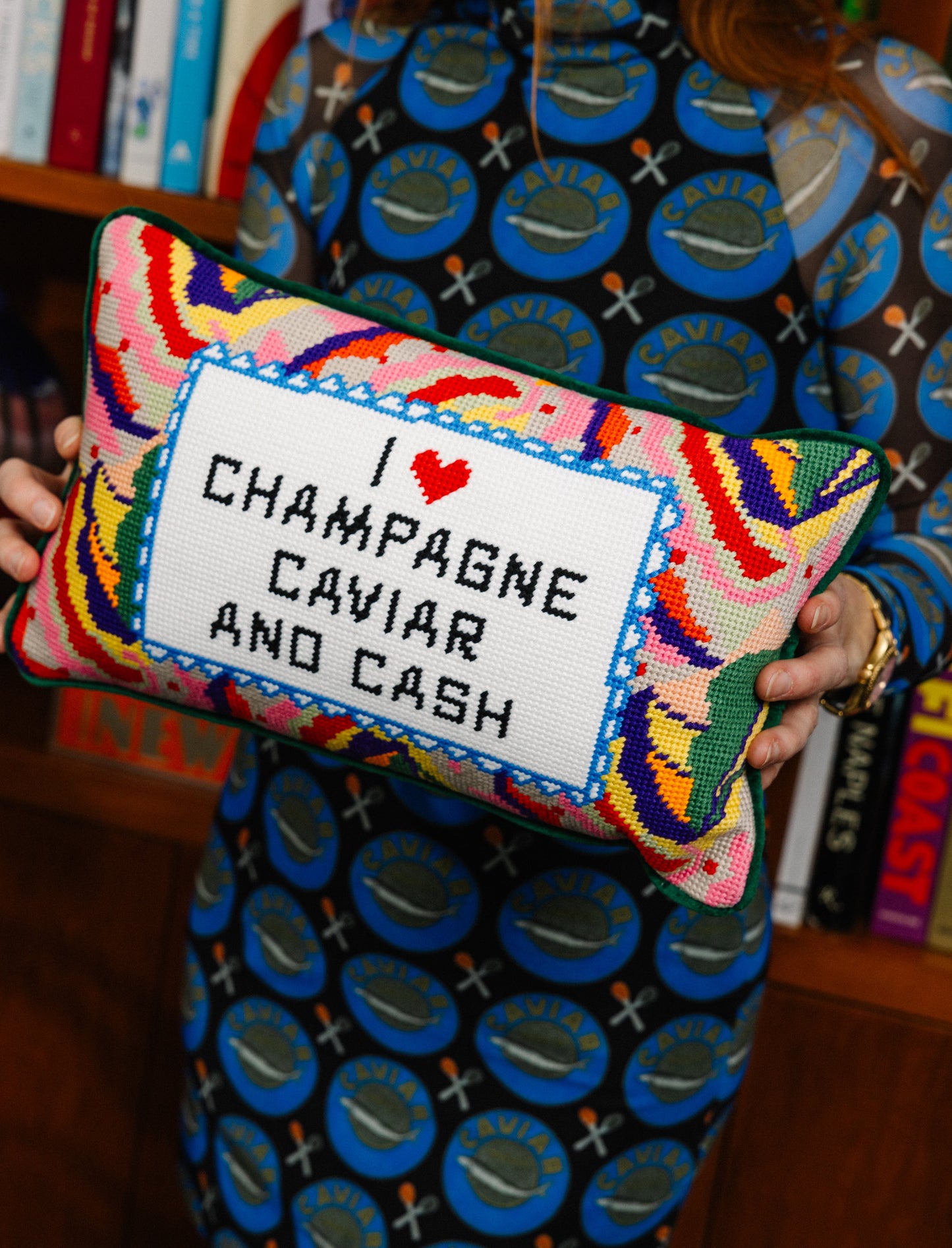 Caviar and Cash Needlepoint Pillow