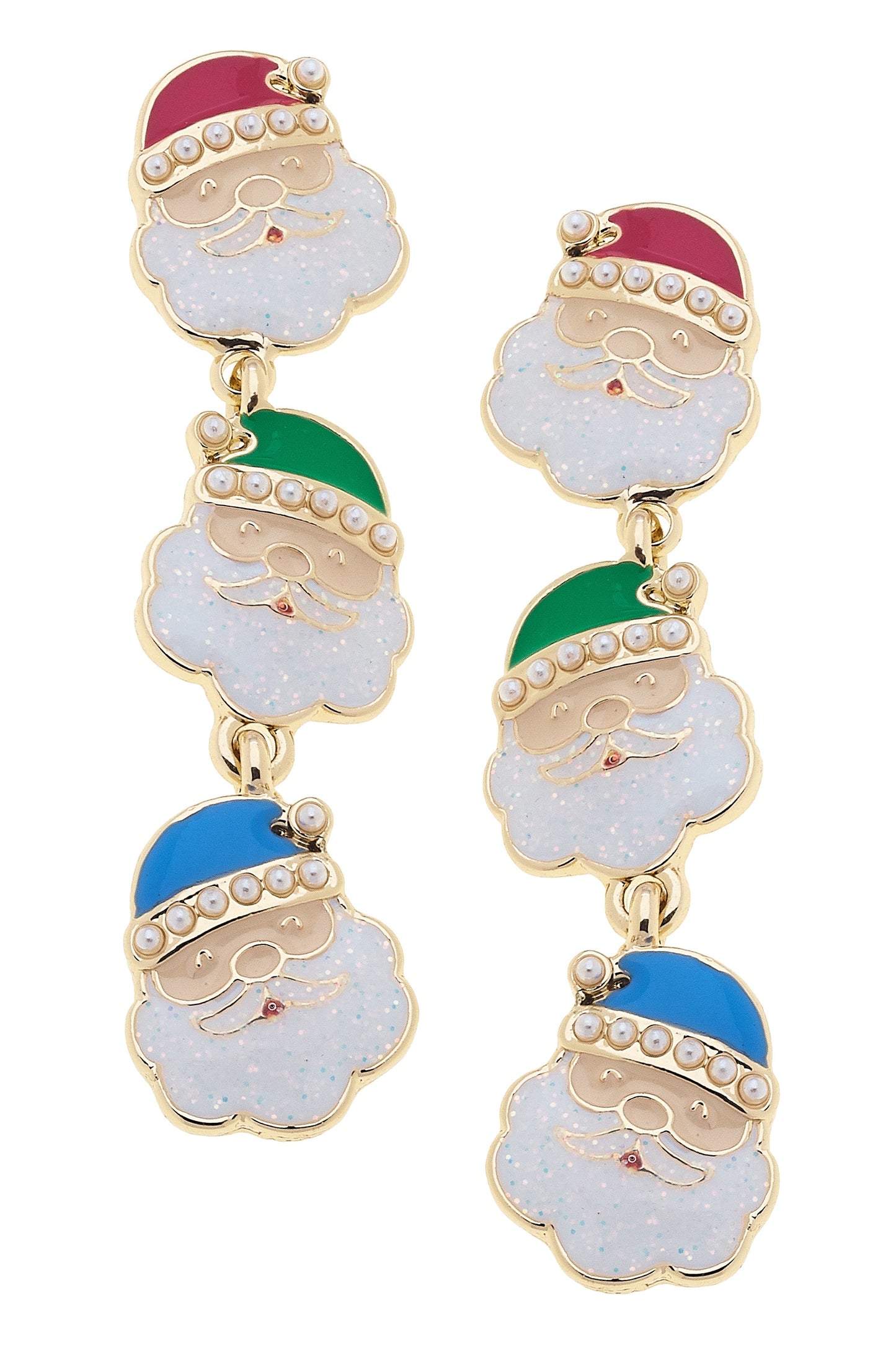Pearl Studded Santa Face Earrings in Red/Green/Blue
