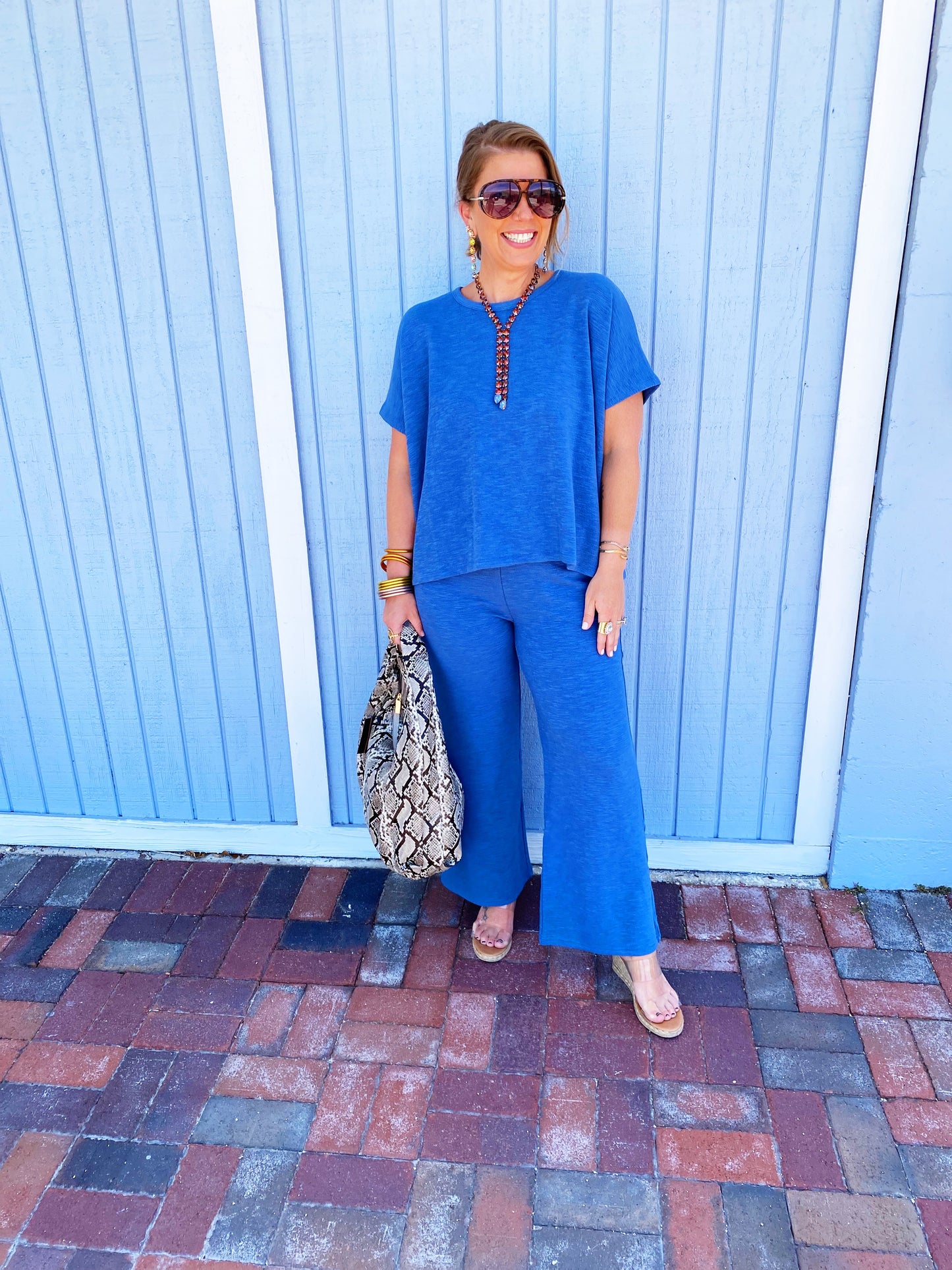 Dusty Blue Cotton Slub Top & Pants Set