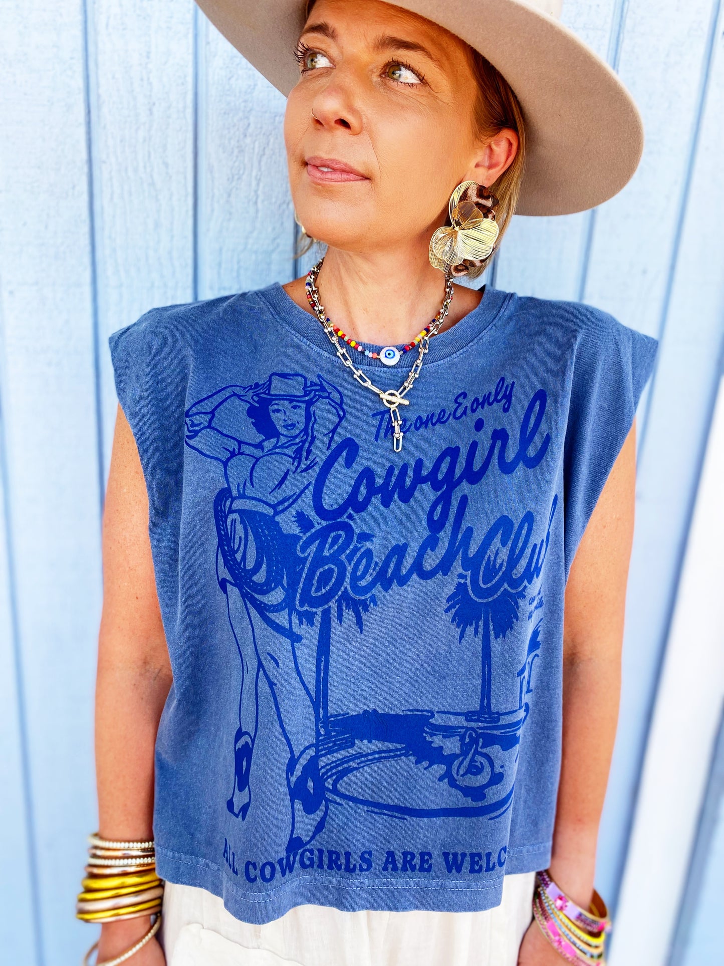 Cowgirl Beach Club Muscle Tank- blue
