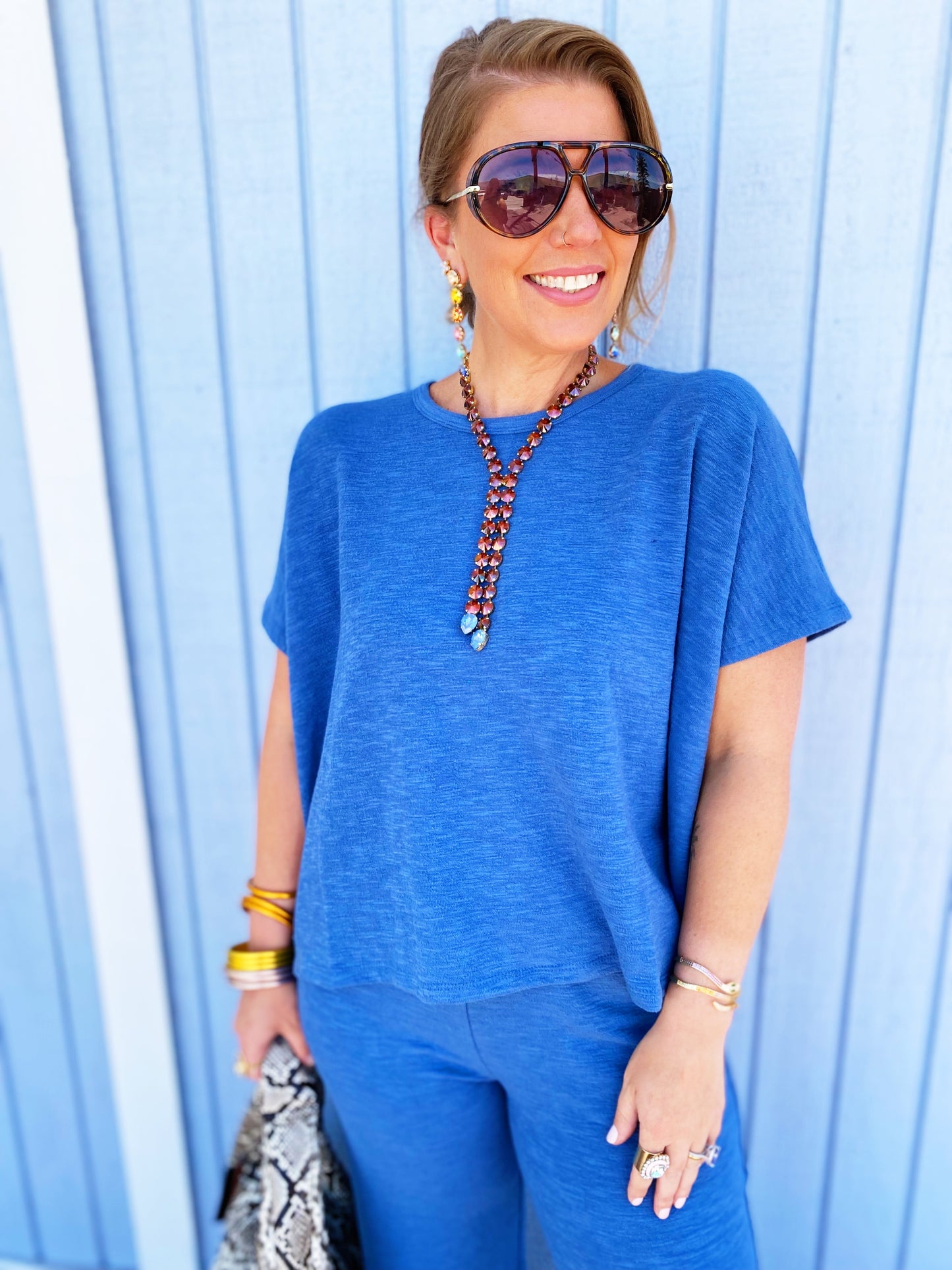 Dusty Blue Cotton Slub Top & Pants Set