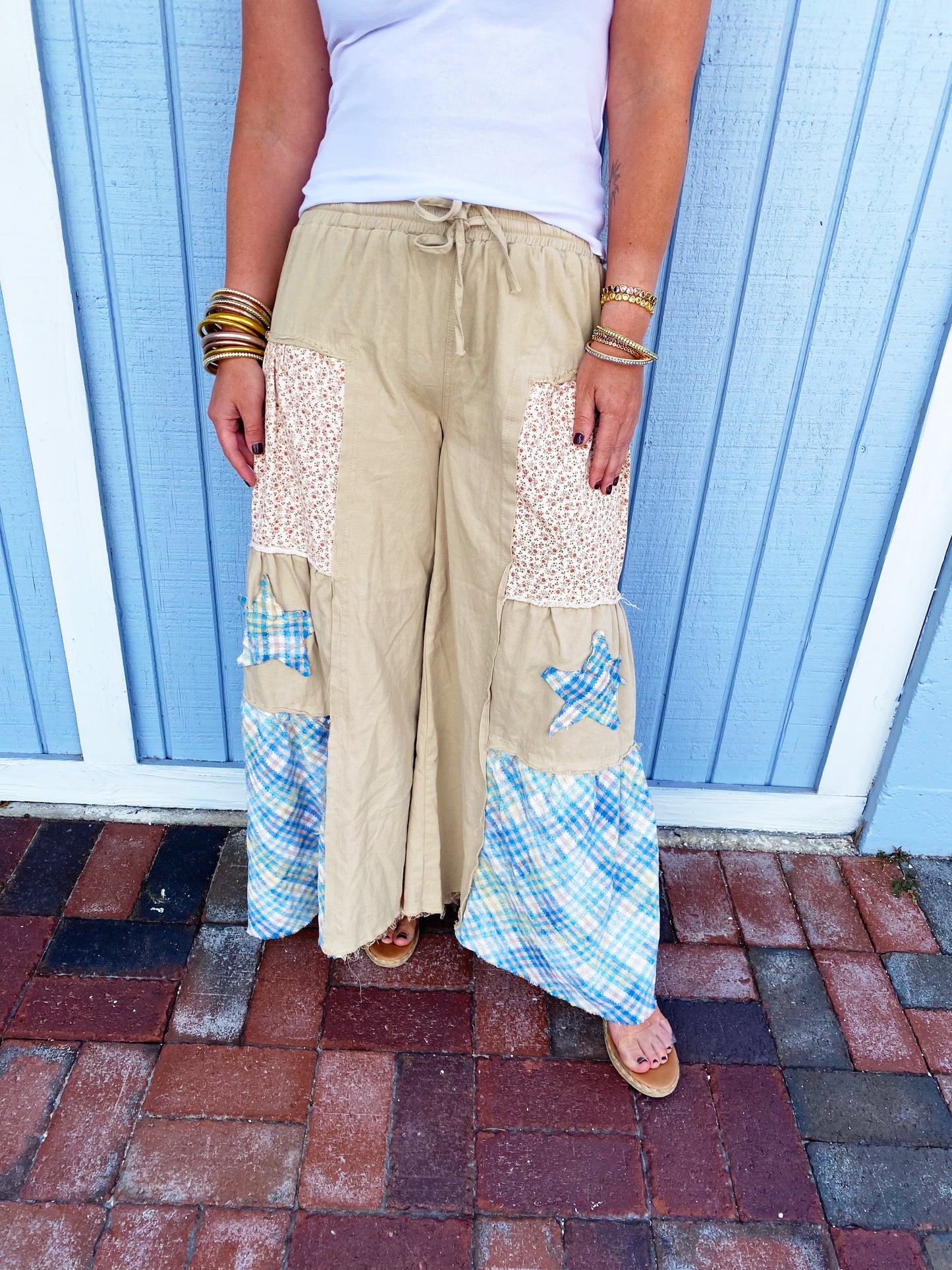 Drawstring Star Patch Contrast Wide Leg Pants