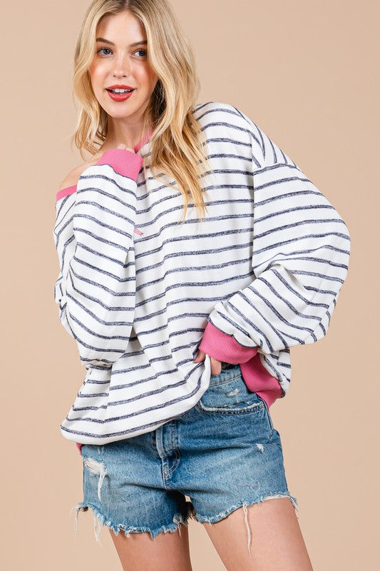 Striped Round Neck Drop Shoulder Sweatshirt