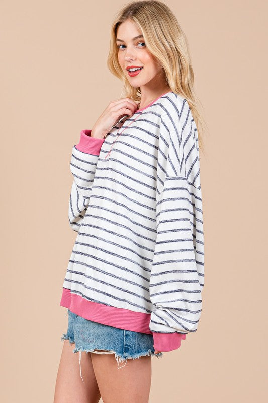 Striped Round Neck Drop Shoulder Sweatshirt