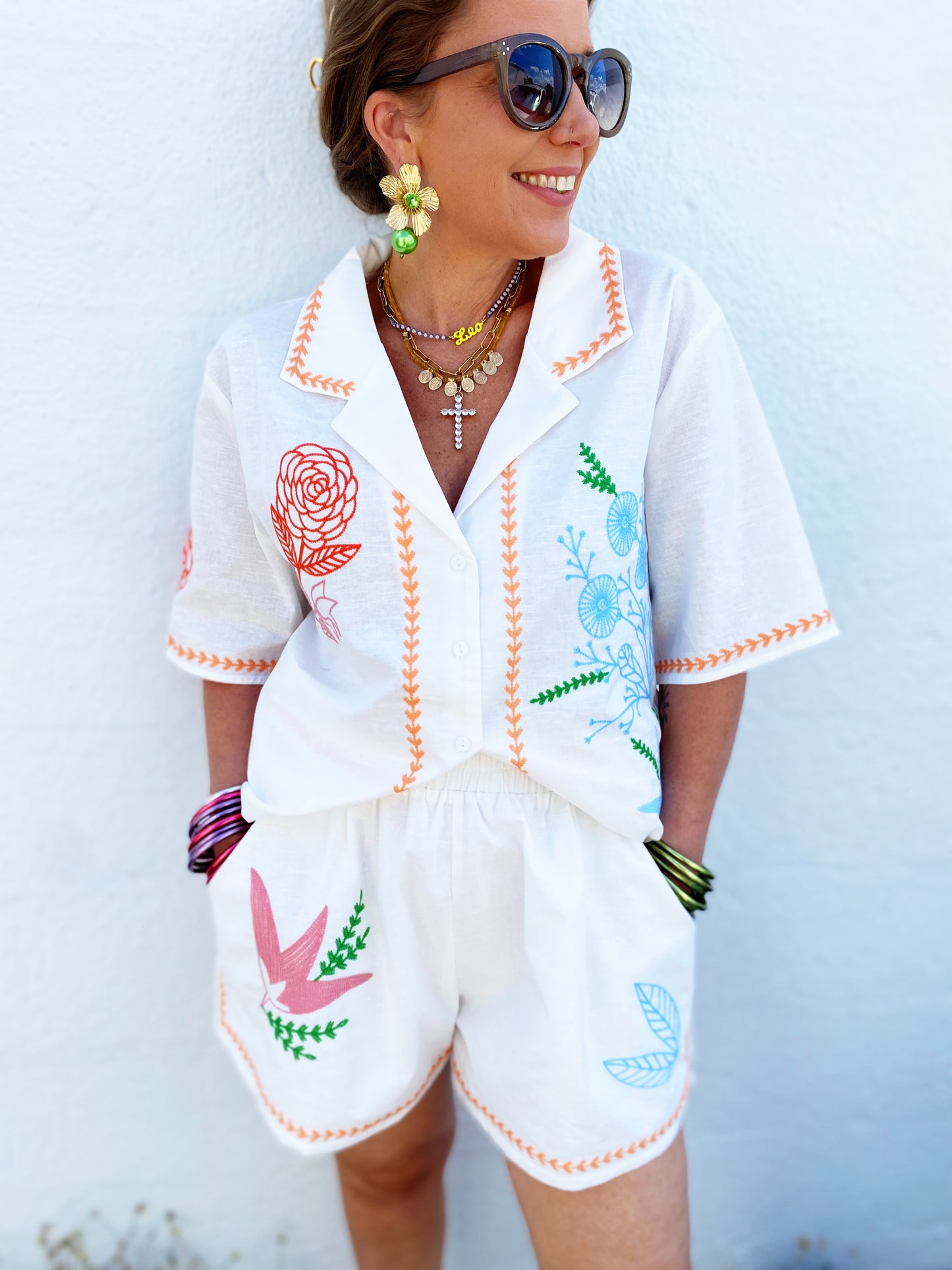 Embroidered Button Down Shirt and Shorts Set