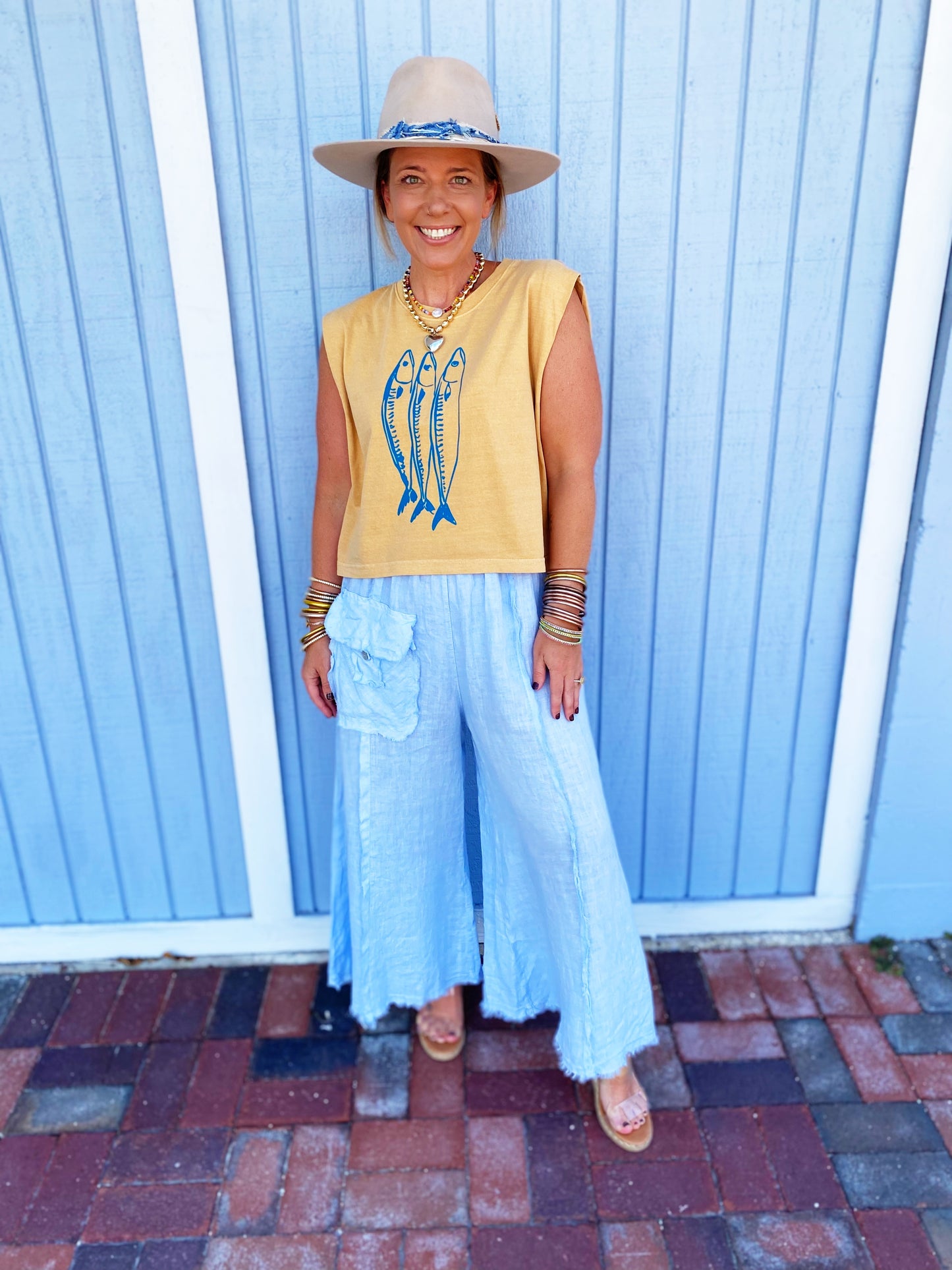Three Little Fish Vintage Cropped Muscle Tank- mustard
