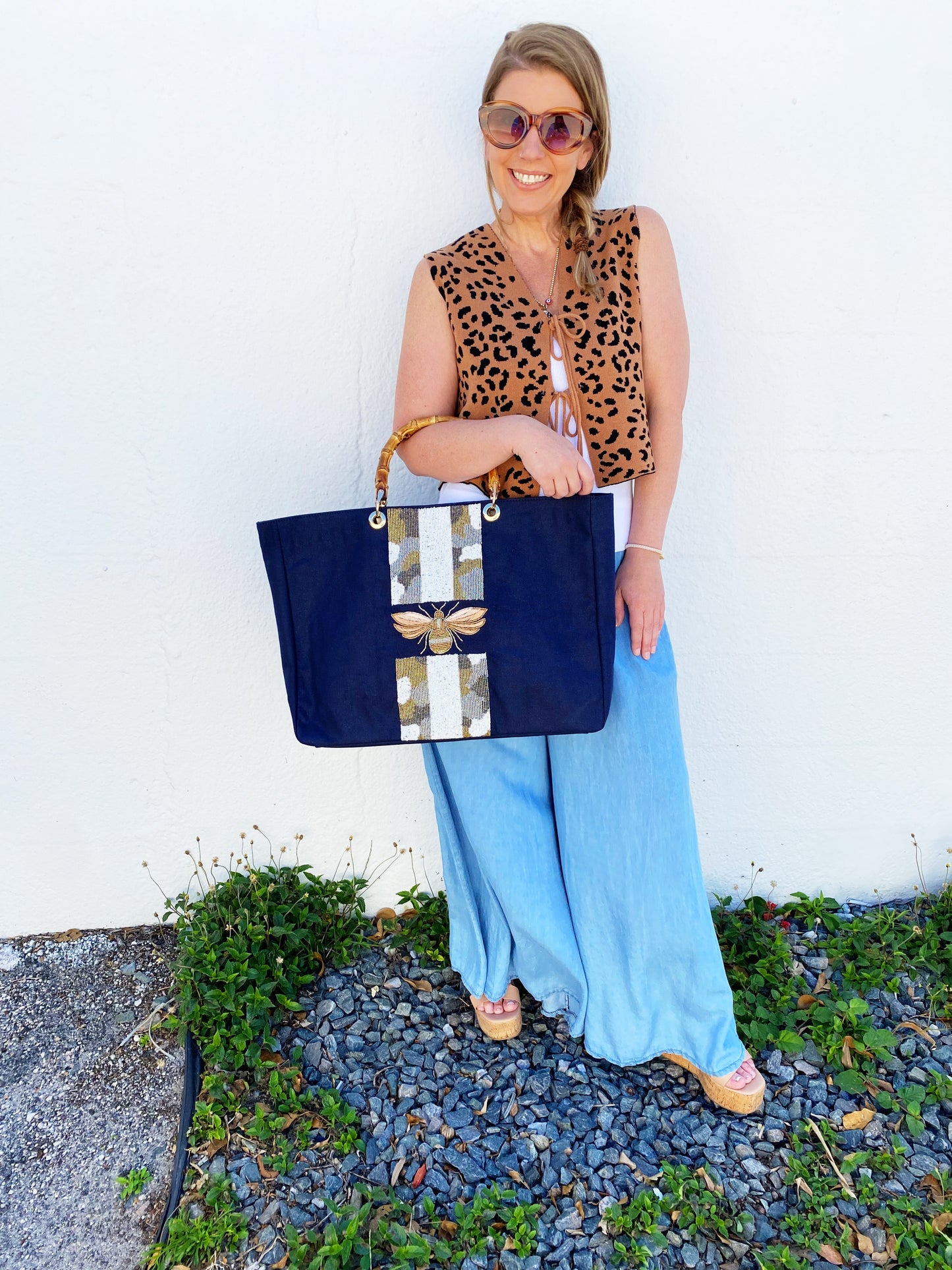 Navy Bamboo Beaded Tote Bag Custom Beaded