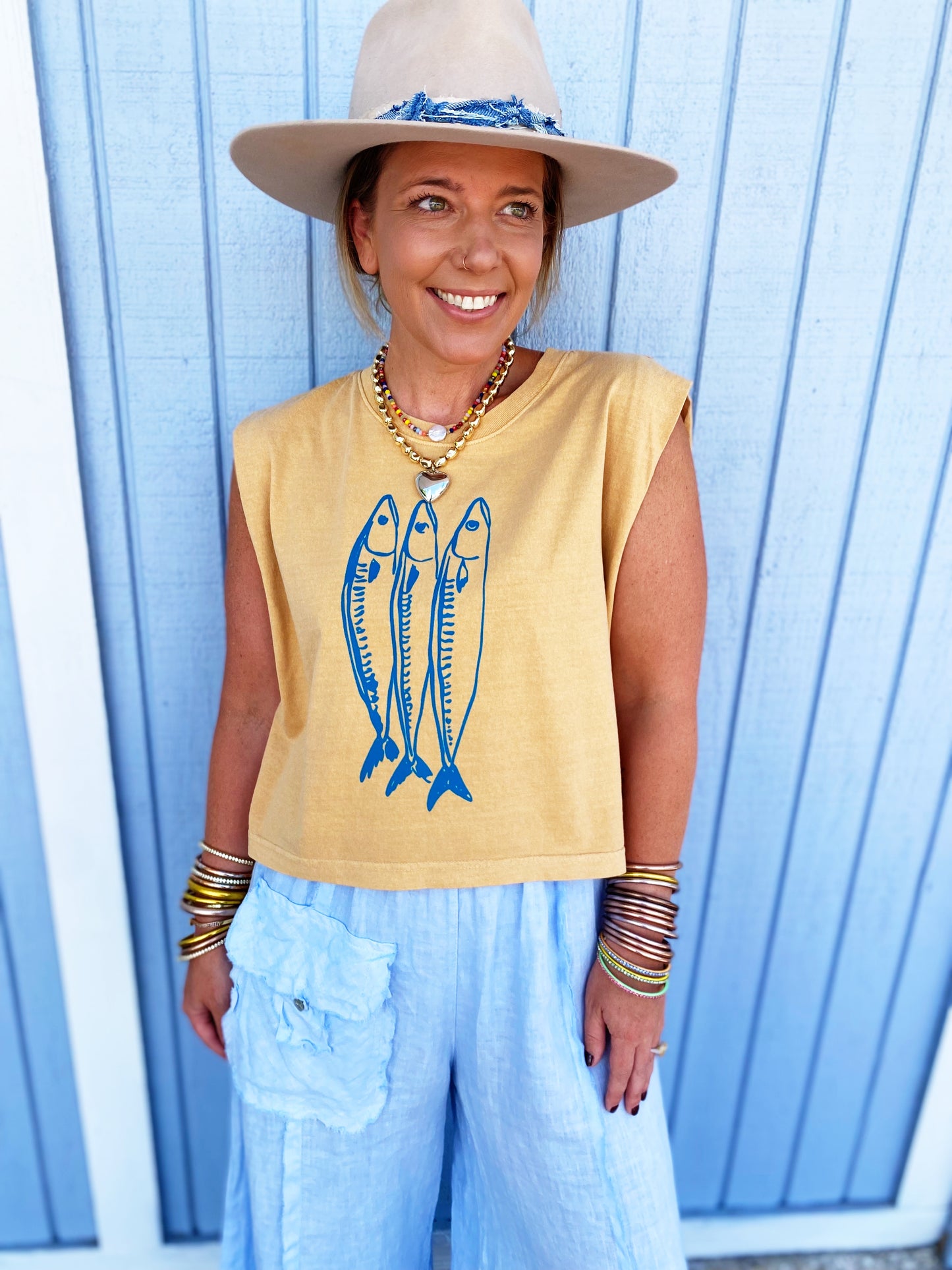 Three Little Fish Vintage Cropped Muscle Tank- mustard