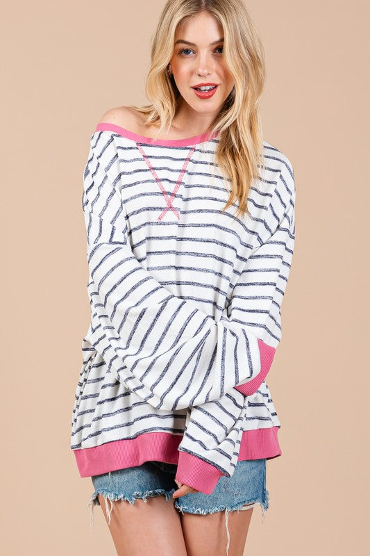 Striped Round Neck Drop Shoulder Sweatshirt