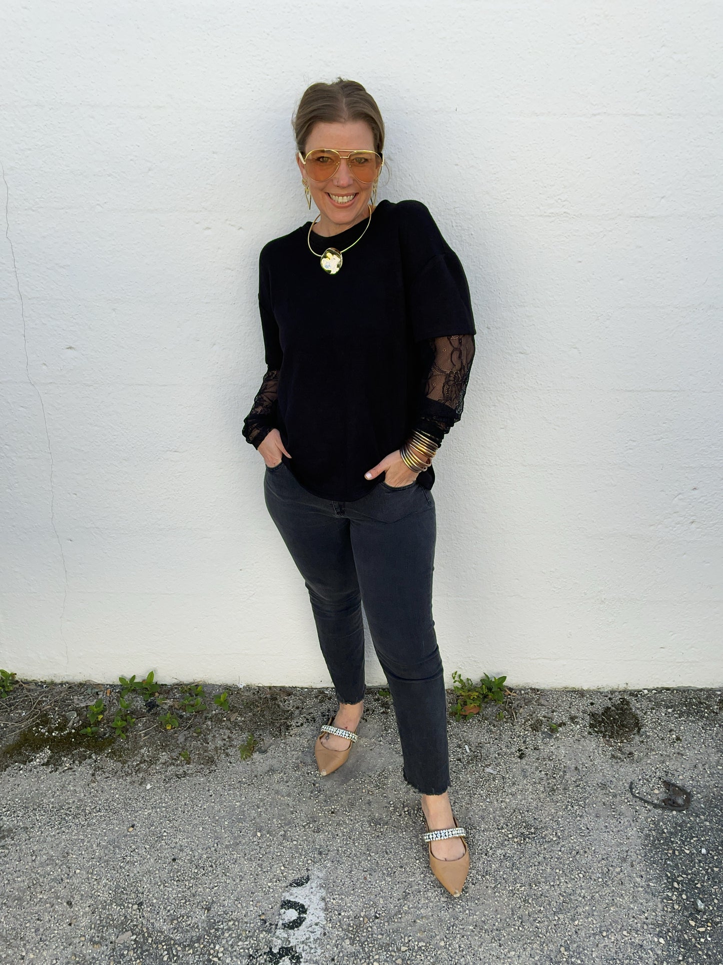 Black Jenny Short Sleeve Sweater with Built in Lace Sleeve