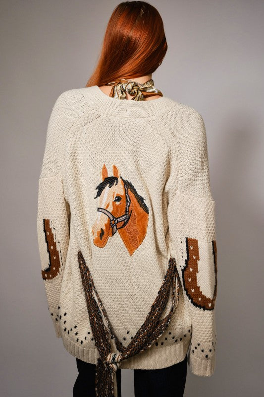 Western Horse Belted Cardigan Sweater PREORDER