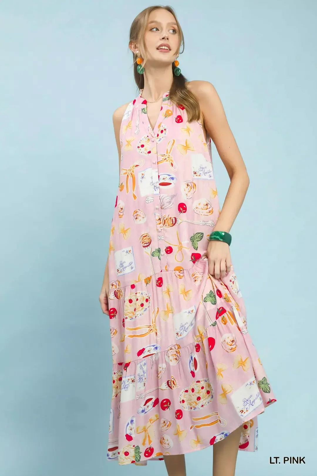 printed tiered halter midi dress Abstract Print Tiered Halter Midi Dress LT. PINK / L