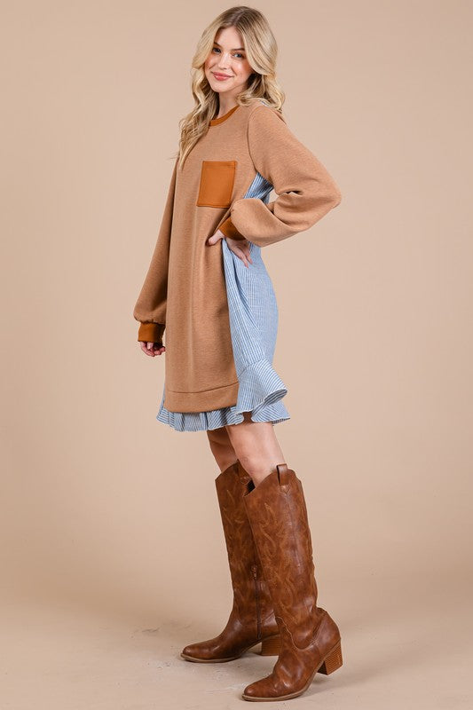 Striped Patchwork Round Neck Terry Sweatshirt Dress