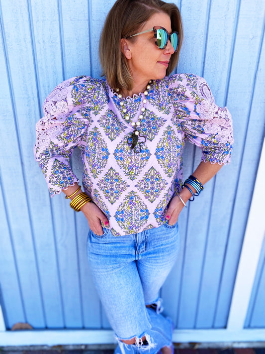 Printed Lace Puff Sleeve Blouse