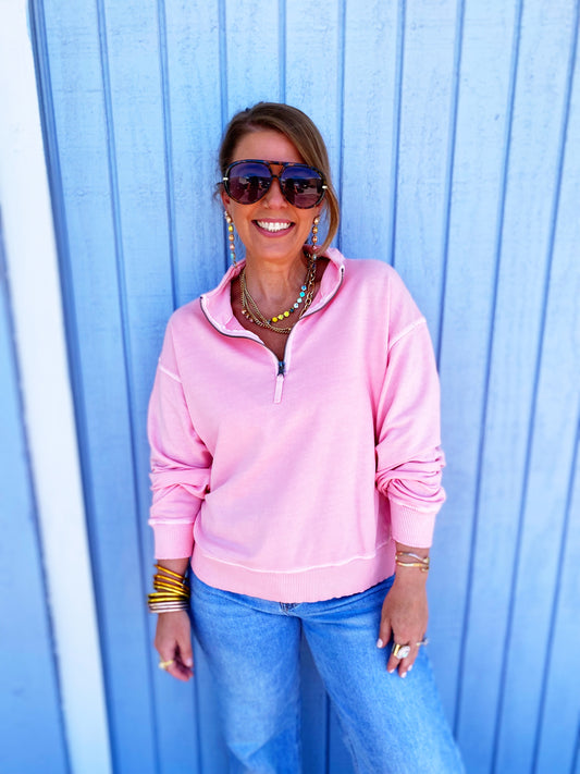 Dk Pink F/terry Pigment Dye & Enzyme Washing Half Zip Top