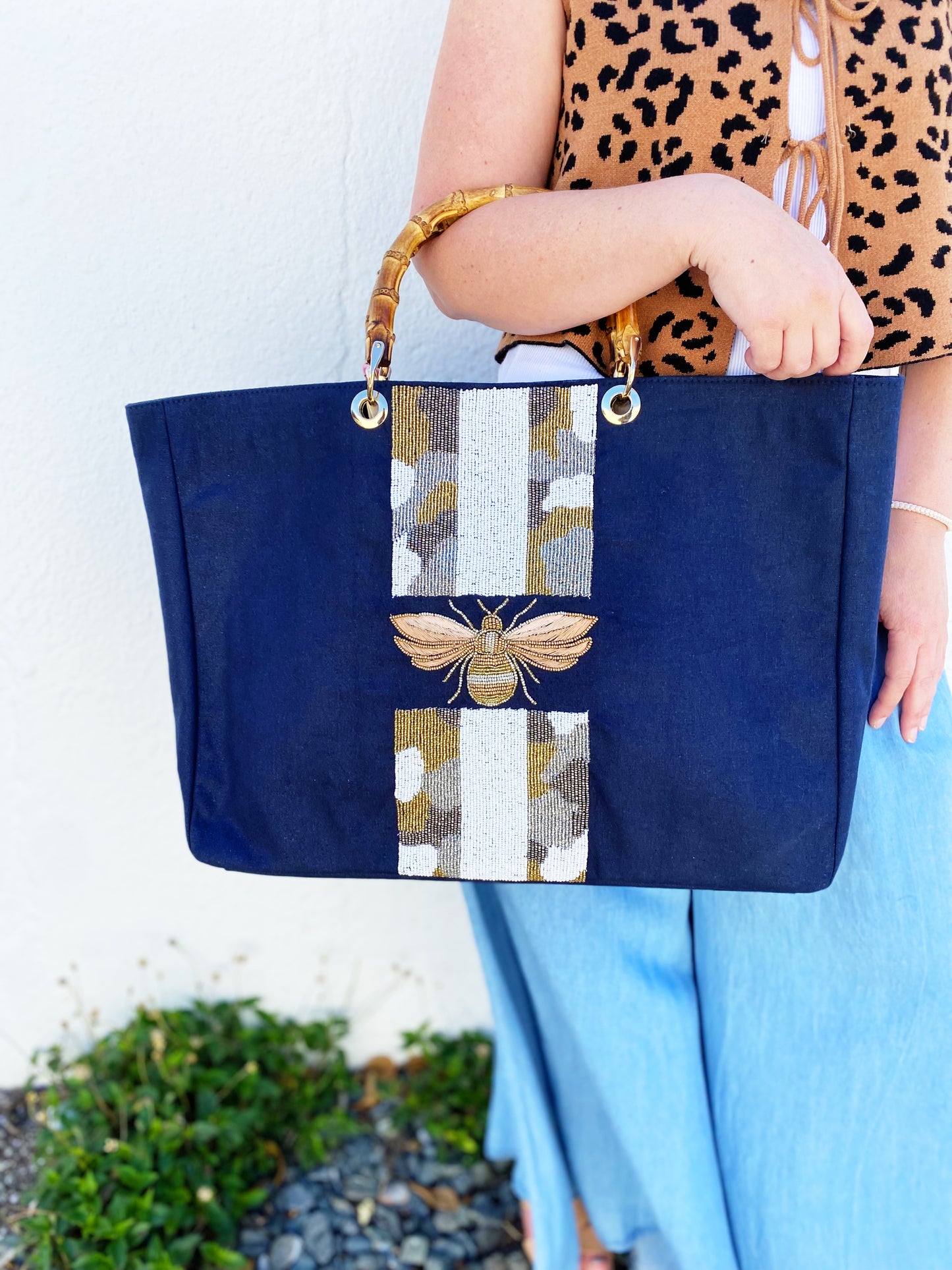 Navy Bamboo Beaded Tote Bag Custom Beaded