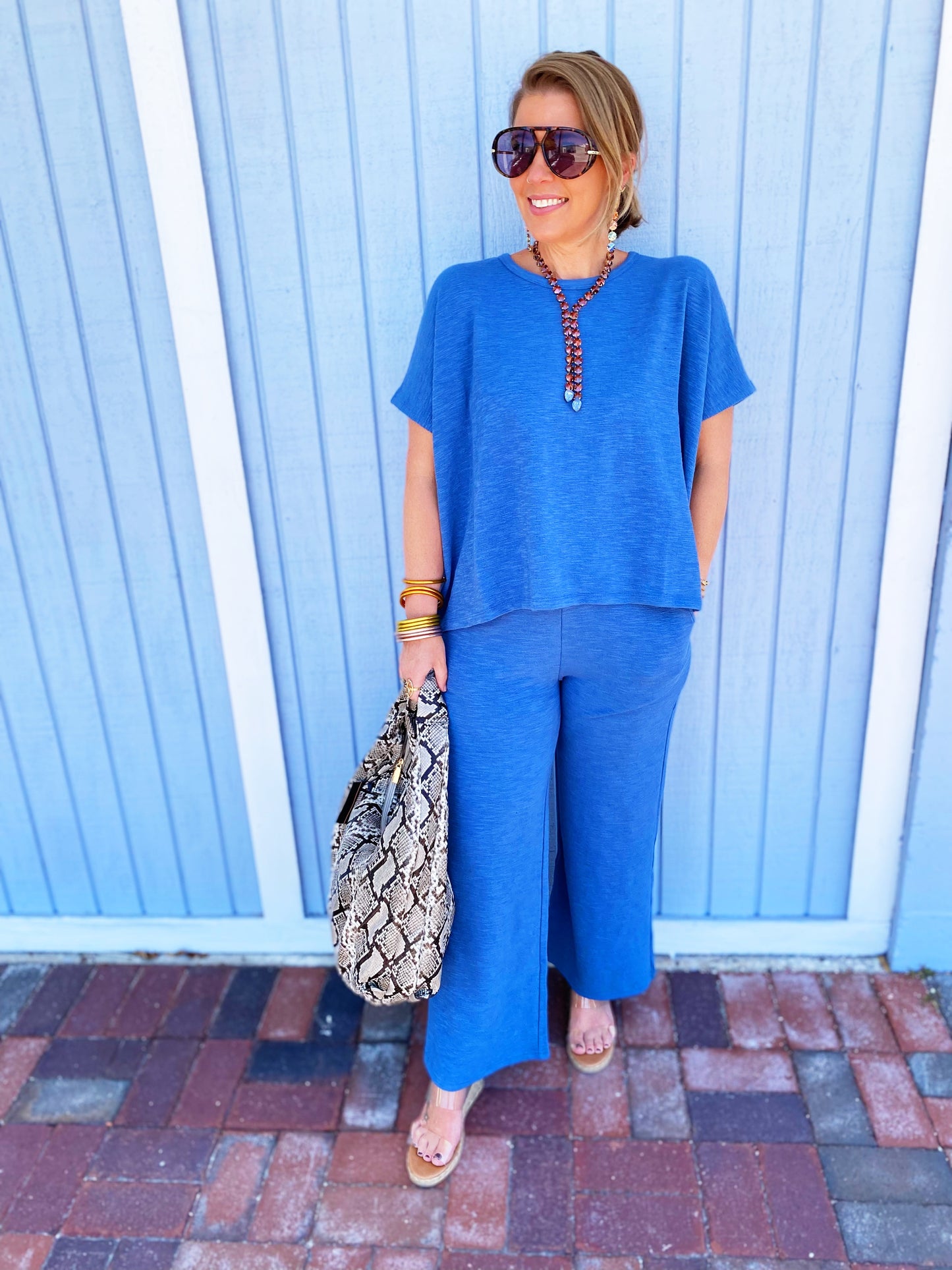 Dusty Blue Cotton Slub Top & Pants Set