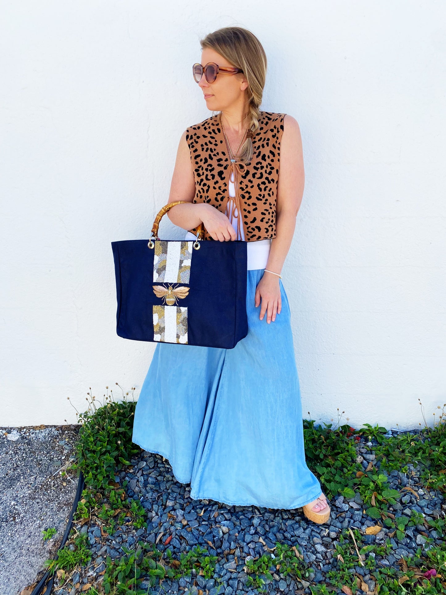 Navy Bamboo Beaded Tote Bag Custom Beaded