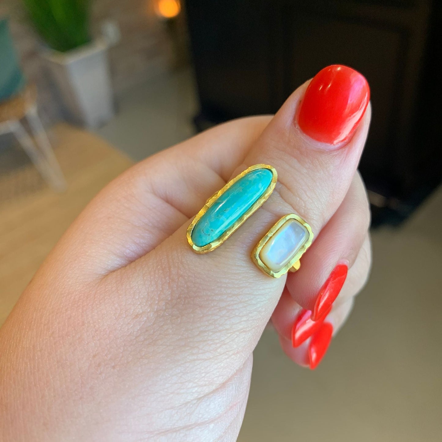 Deco Twin Stone Ring - Turquoise/Pearl