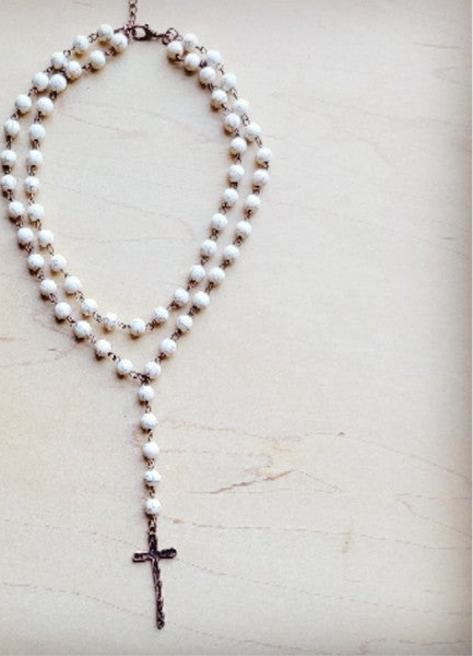 Double Strand Lariat White Turq Necklace w/ Cross