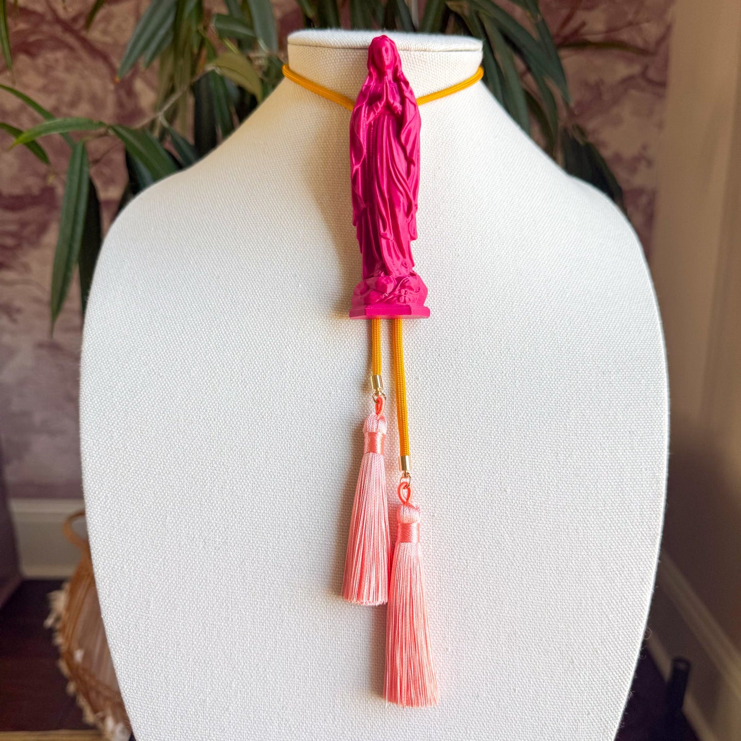 Mother Mary Statue Bolo Raspberry Pink with Golden Yellow & Peach