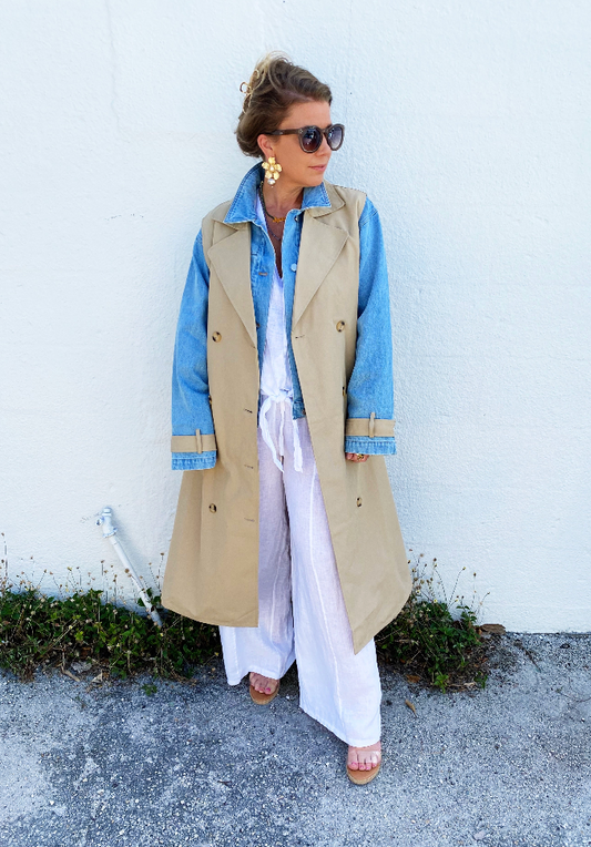 Macey Layered Look Trench Coat With Denim Jacket