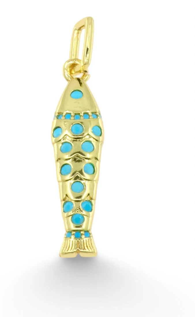 Mini Golden Fish Pendant with Turquoise Details