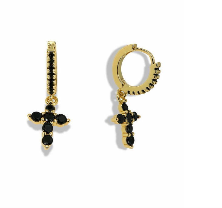 MINI CROSS HUGGIE EARRINGS - PAVE CZ HOOP, CLEAR OR BLACK