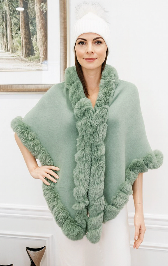 Faux Fur Collar Trim Fringe Shawl Poncho - Sage