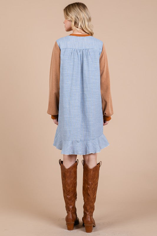 Striped Patchwork Round Neck Terry Sweatshirt Dress