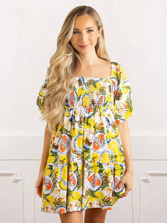 Boil Toile Puff Sleeve Short Smocked Dress