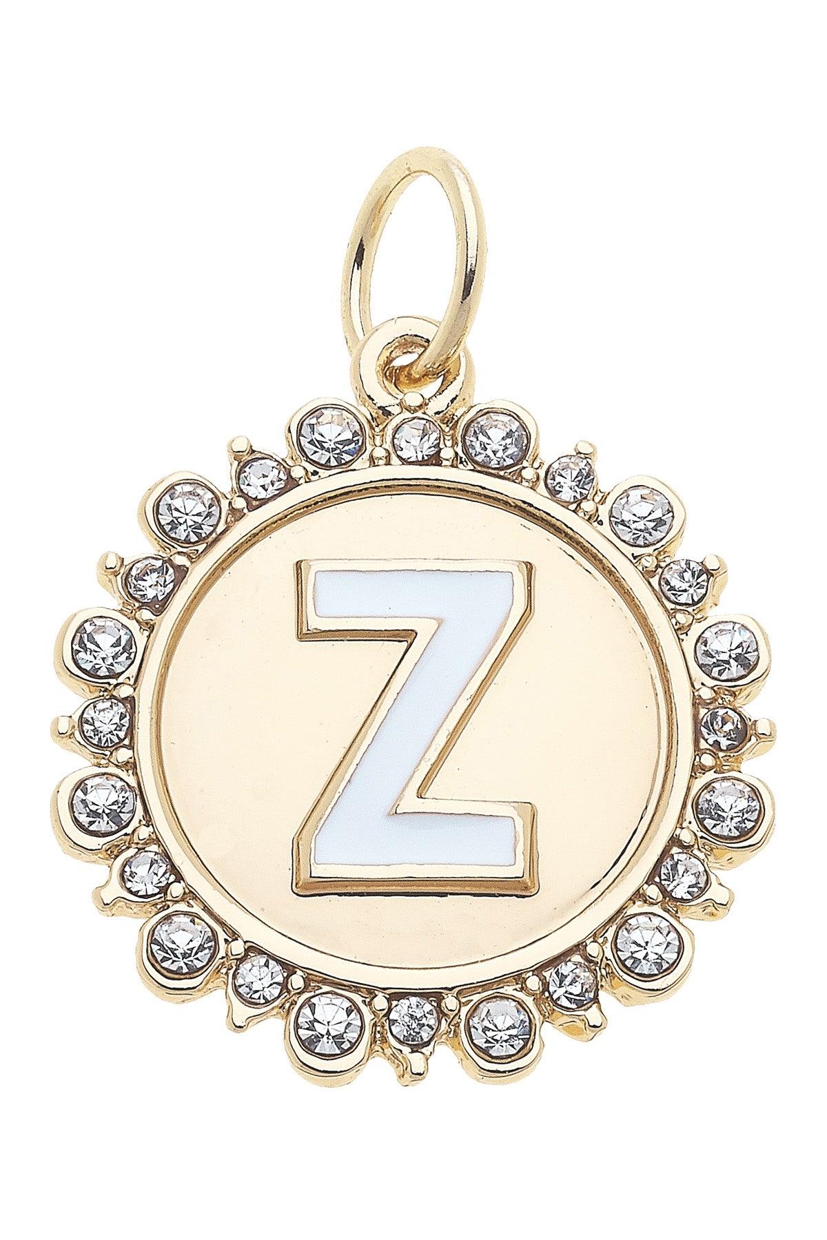 Rhinestone-Studded Enamel Letter Disc Charm in Shiny Gold