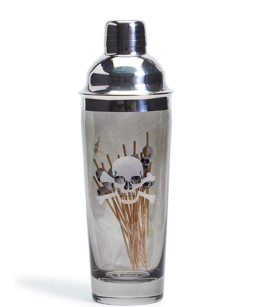 Skull & Bone Shaker with 20 White Skull Cocktail Picks