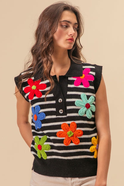 Flower Patch Striped Half Button Sweater Vest