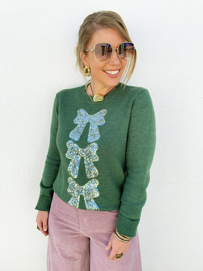 Sequins Bow Ribbon Embellished Christmas Sweater