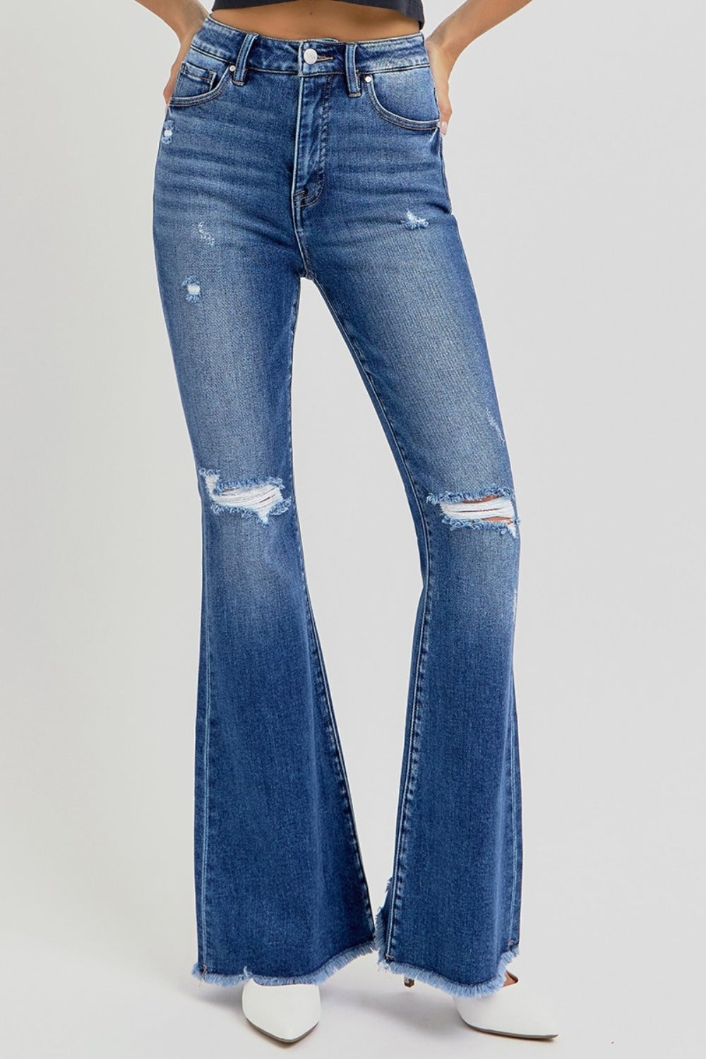 RISEN Full Size High Rise Distressed Raw Hem Flare Jeans