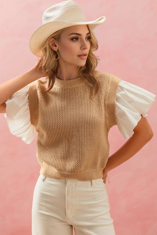 Ruffled Round Neck Short Sleeve Sweater PREORDER