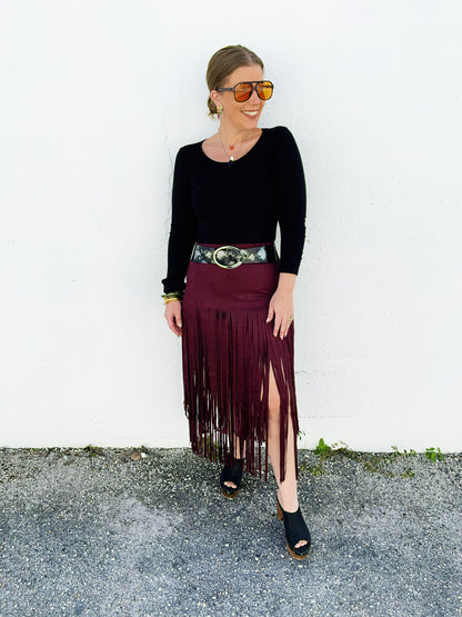 Katrina Fringe Skirt in Merlot