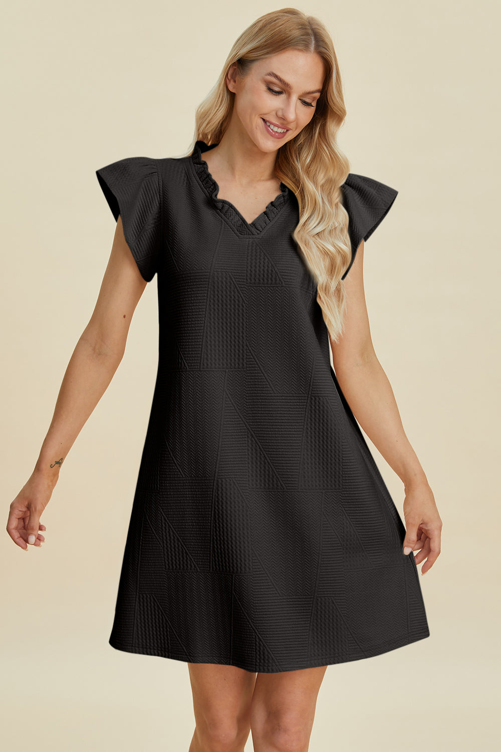 Ruffled V-Neck Cap Sleeve Dress PREORDER