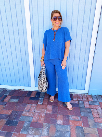 Dusty Blue Cotton Slub Top & Pants Set