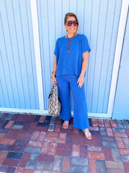 Dusty Blue Cotton Slub Top & Pants Set